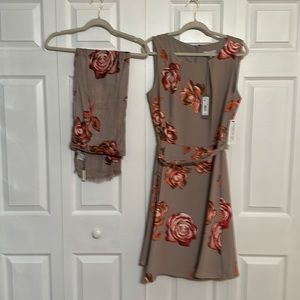 Tan/floral dress with belt and matching scarf